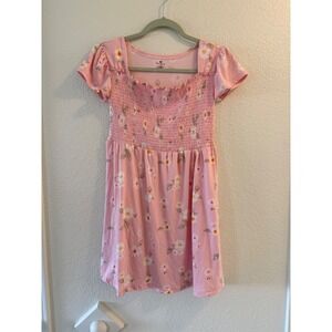 One Step Up Pink Daisy Smocked Dress Girls Size L 14 16 Short Sleeve